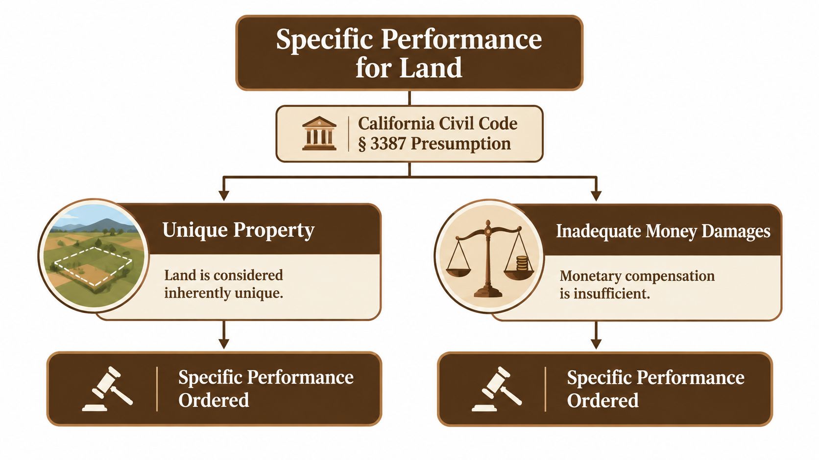 A diagram explaining the California Civil Code 3387 presumption regarding specific performance for land contracts.