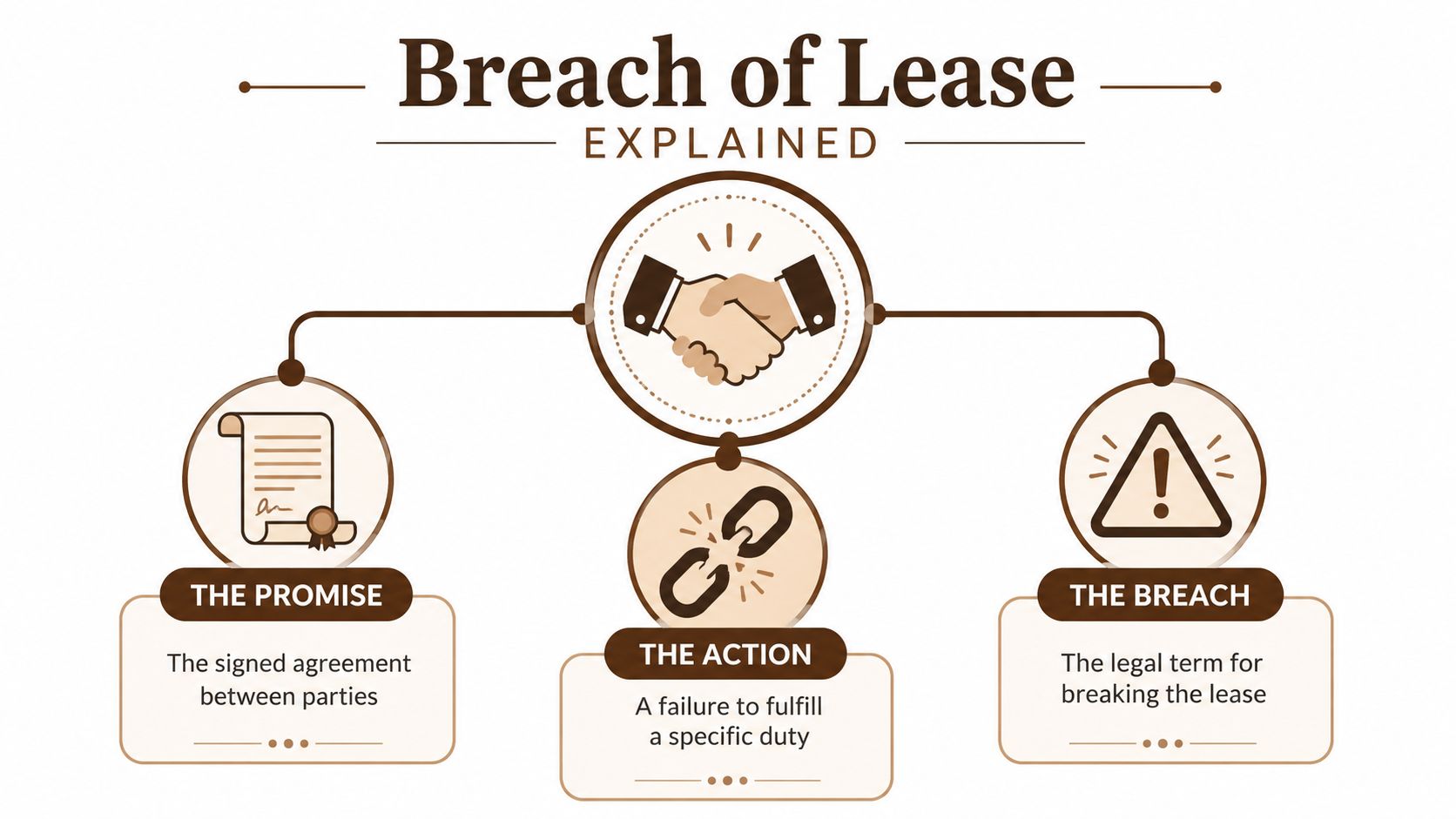 An infographic titled Breach of Lease Explained, showing a handshake, a document, a broken chain, and a warning symbol.