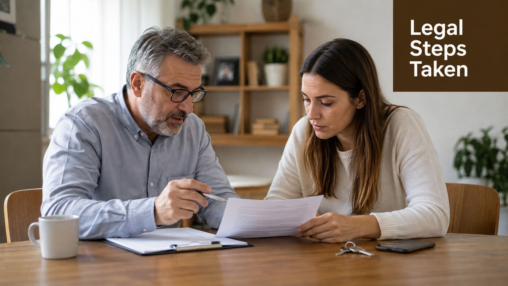 A professional man and woman review legal lease documents while sitting at a table together.