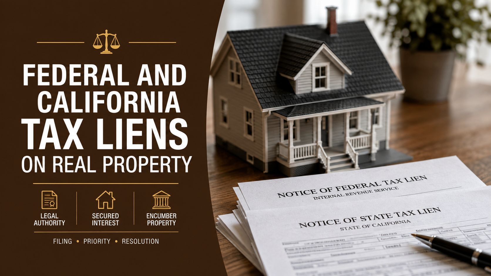 A house model sits next to tax lien documents for federal and state property legal issues.