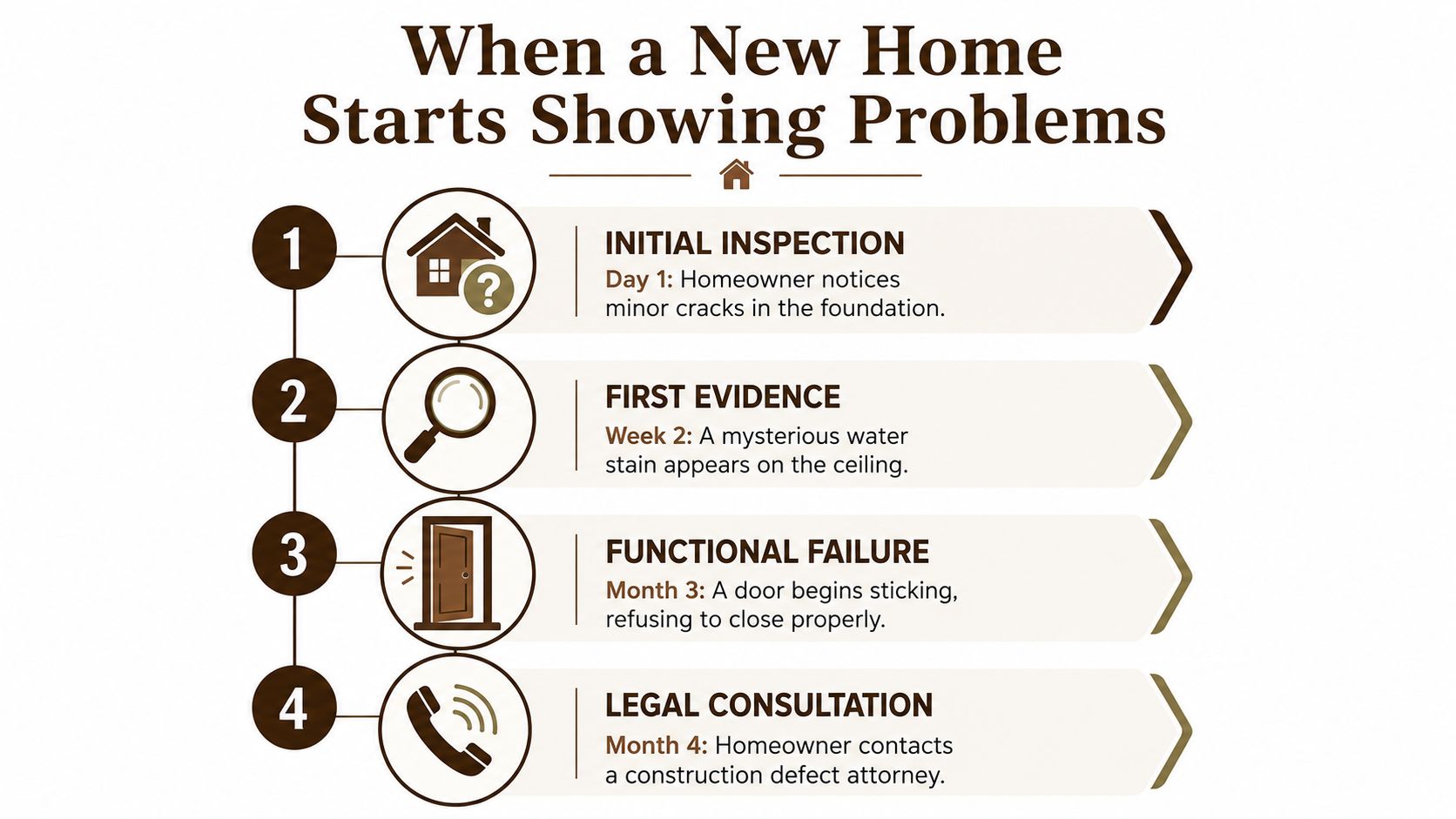A four-step infographic illustrating a timeline for when a new home starts showing construction defects.