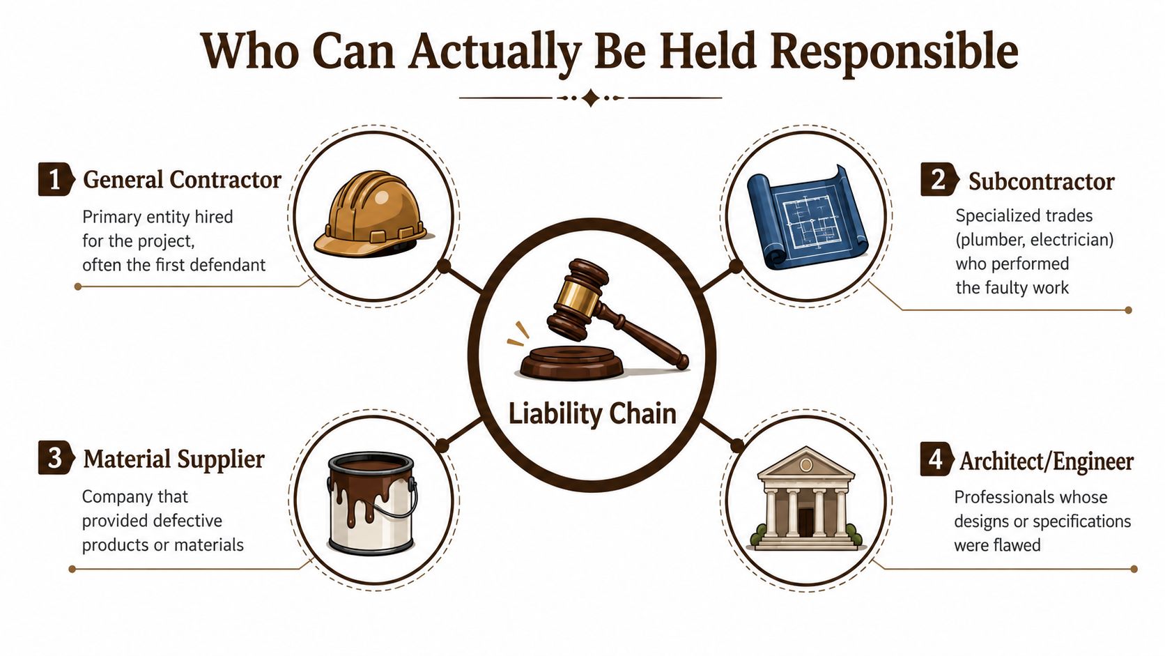 An infographic titled Who Can Actually Be Held Responsible showing a liability chain with four parties in construction.