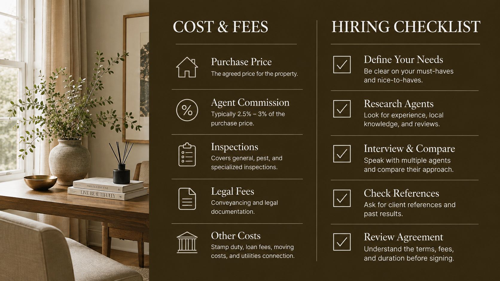 A graphic design outlining property purchase costs and a checklist for hiring a real estate agent.