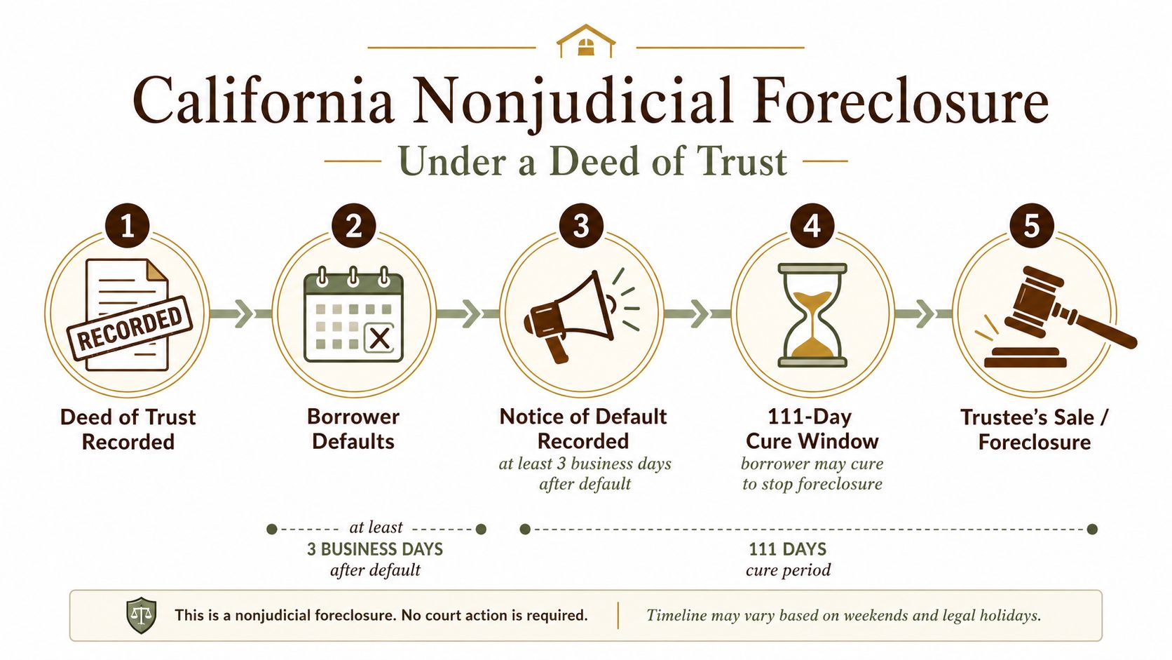 An infographic showing the five-step process of a California nonjudicial foreclosure under a deed of trust.