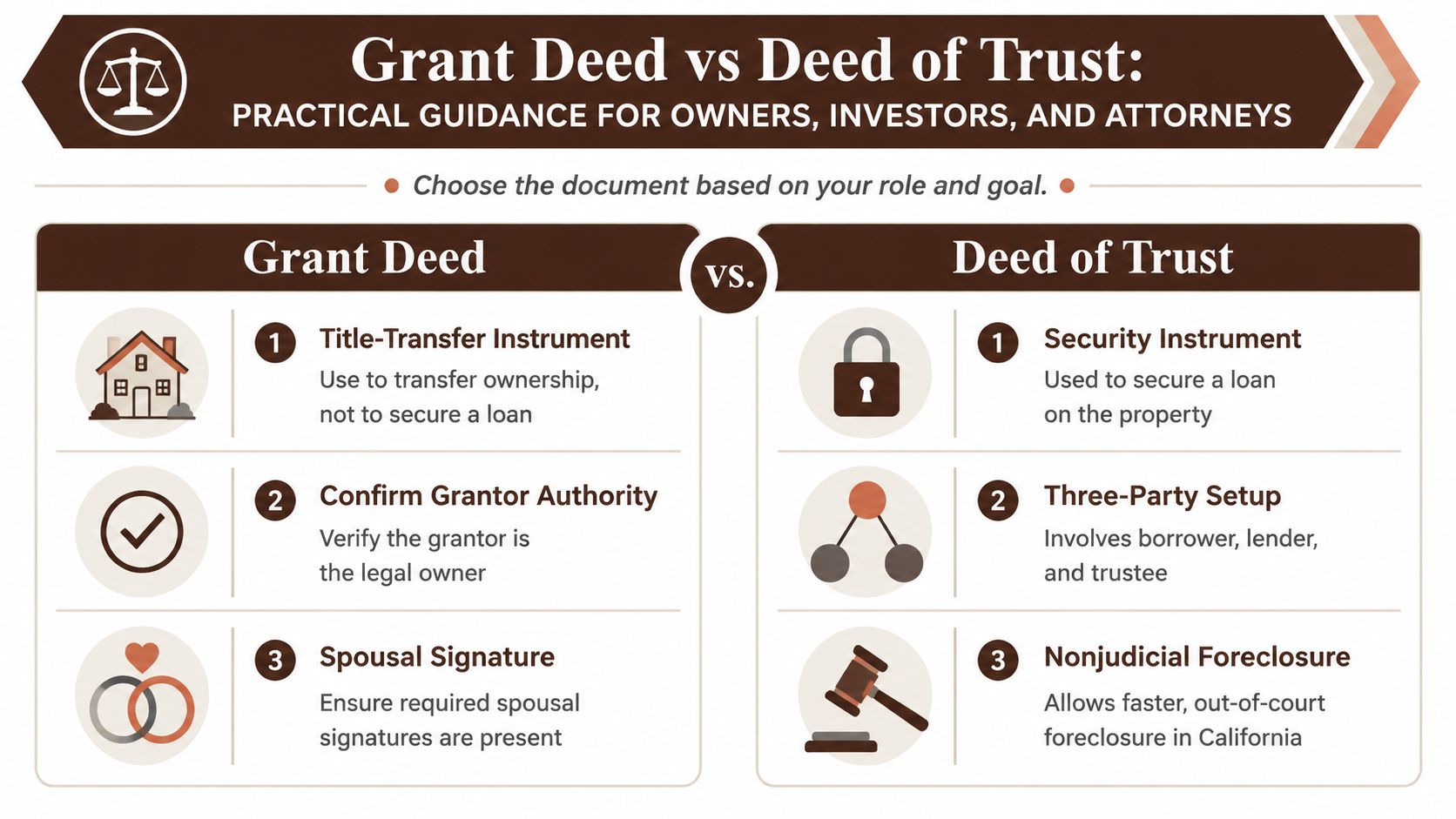 A comparison infographic detailing the key differences between a grant deed and a deed of trust.