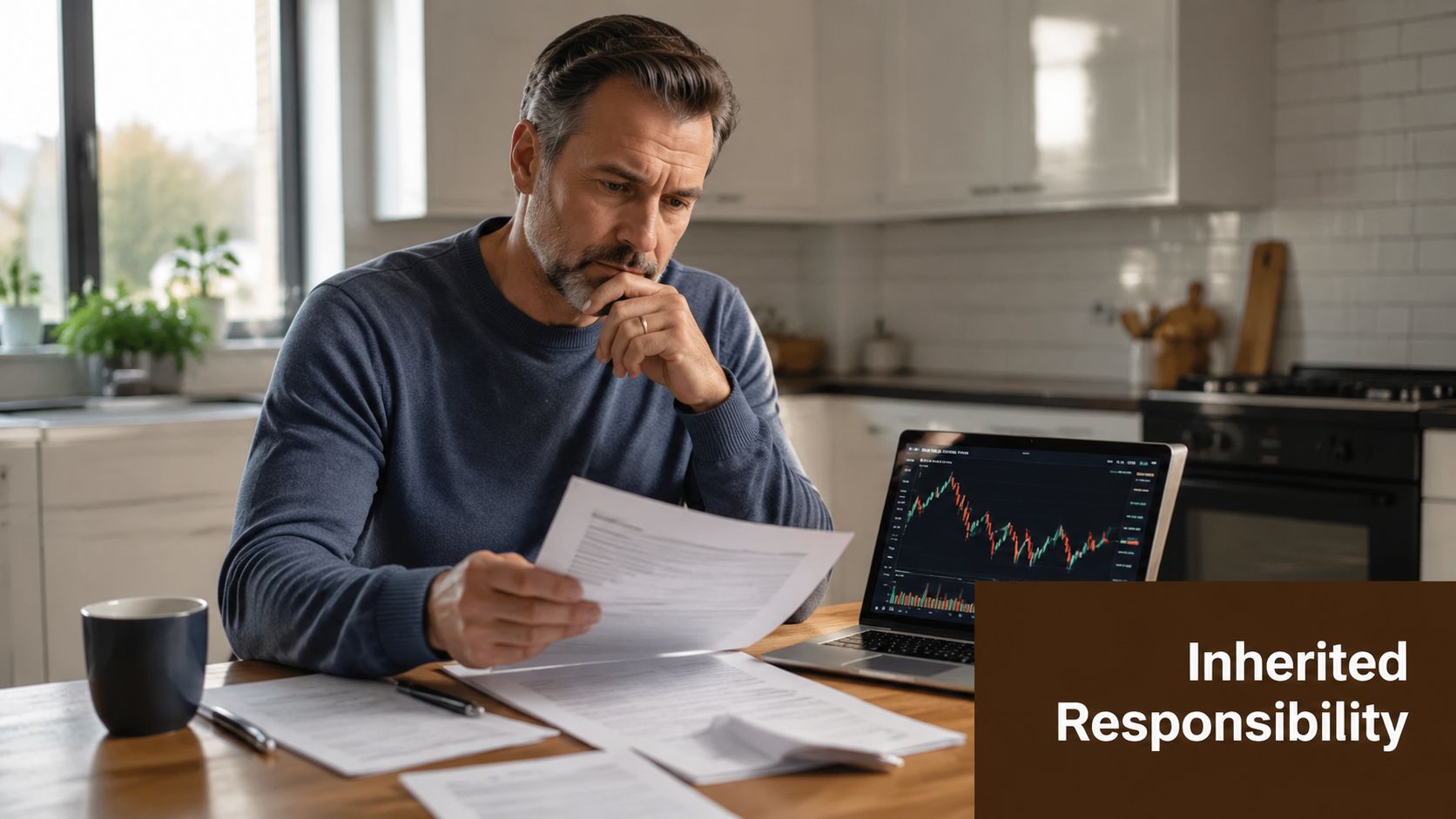 A middle-aged man sits at a kitchen table carefully reviewing financial documents alongside a laptop displaying charts.