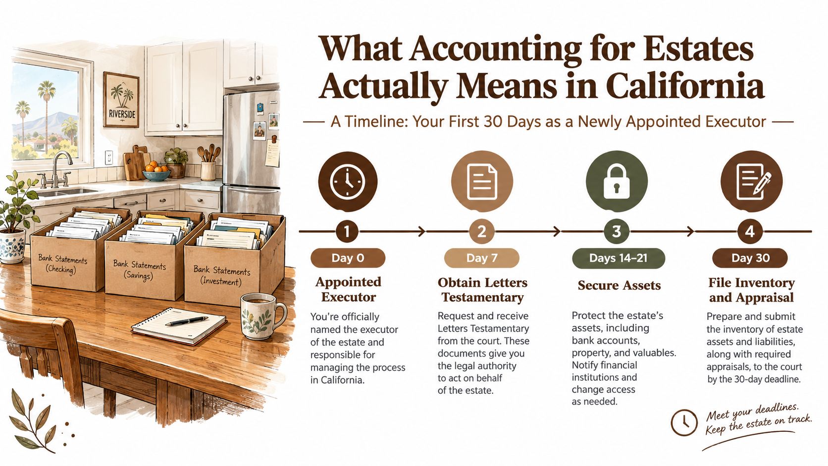A timeline graphic showing the first 30 days of estate accounting tasks for a California executor.