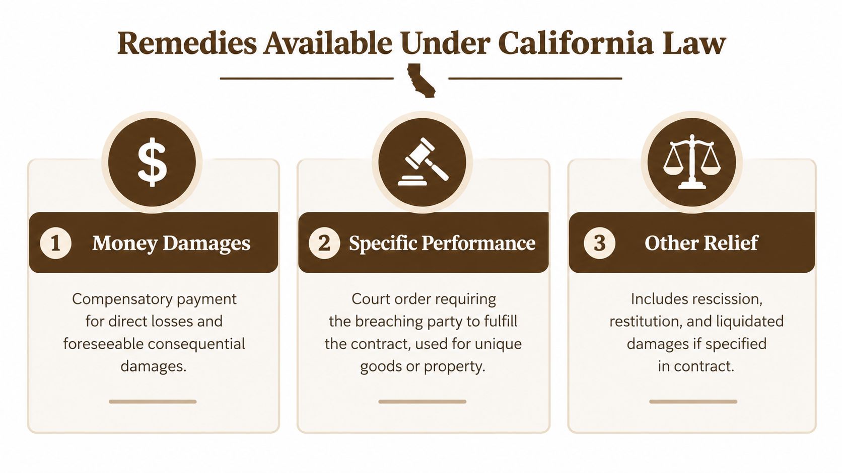 A diagram outlining three main legal remedies for breach of contract in California: money damages, specific performance, and other relief.