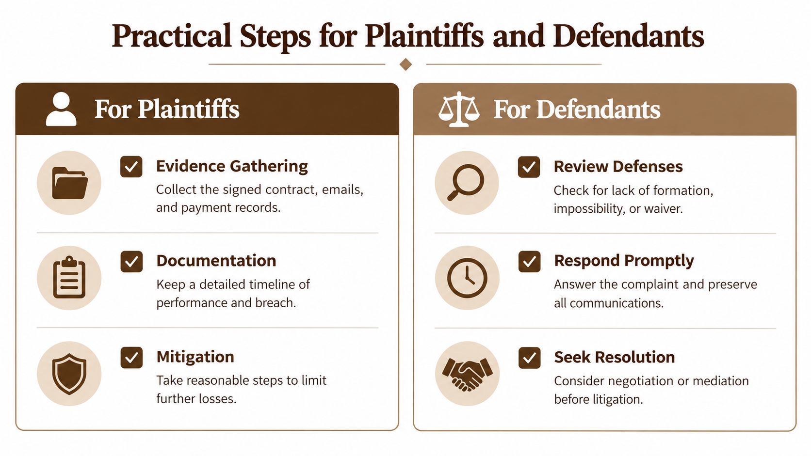 A guide listing practical steps for plaintiffs and defendants during a breach of contract legal dispute.