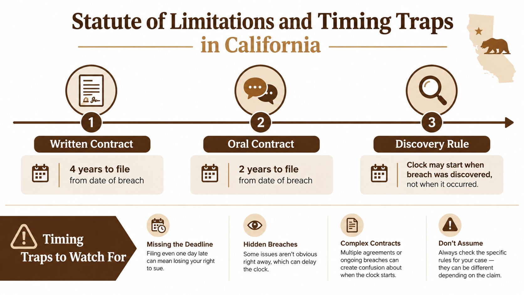 An infographic detailing California statutes of limitations for written contracts, oral contracts, and the discovery rule.