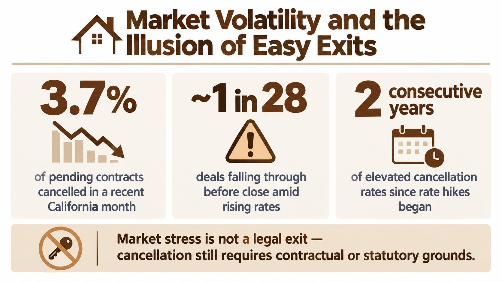 An infographic titled Market Volatility and the Illusion of Easy Exits about rising real estate contract cancellations.