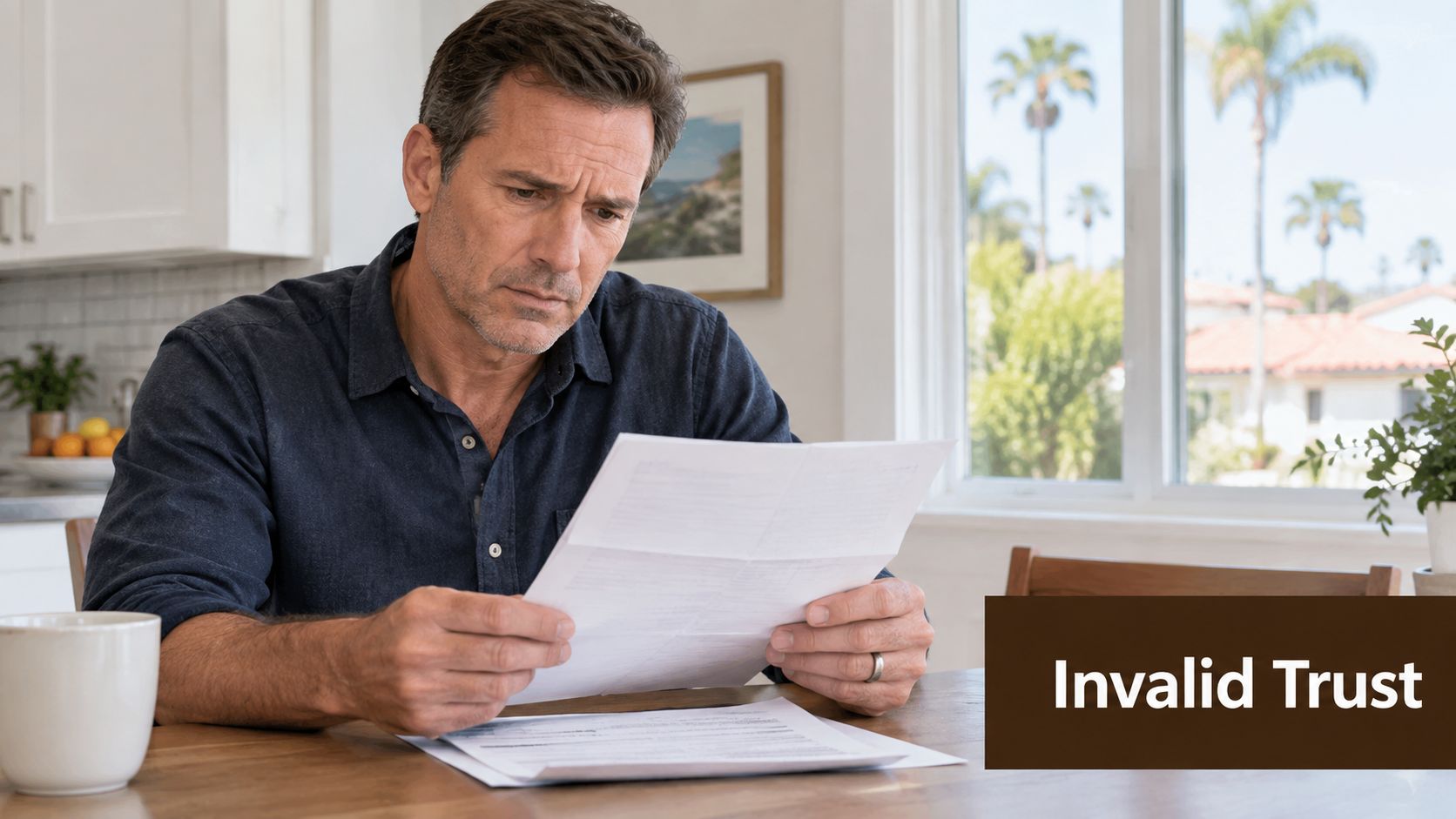 A concerned middle-aged man sitting at a kitchen table examining legal documents regarding an invalid trust.