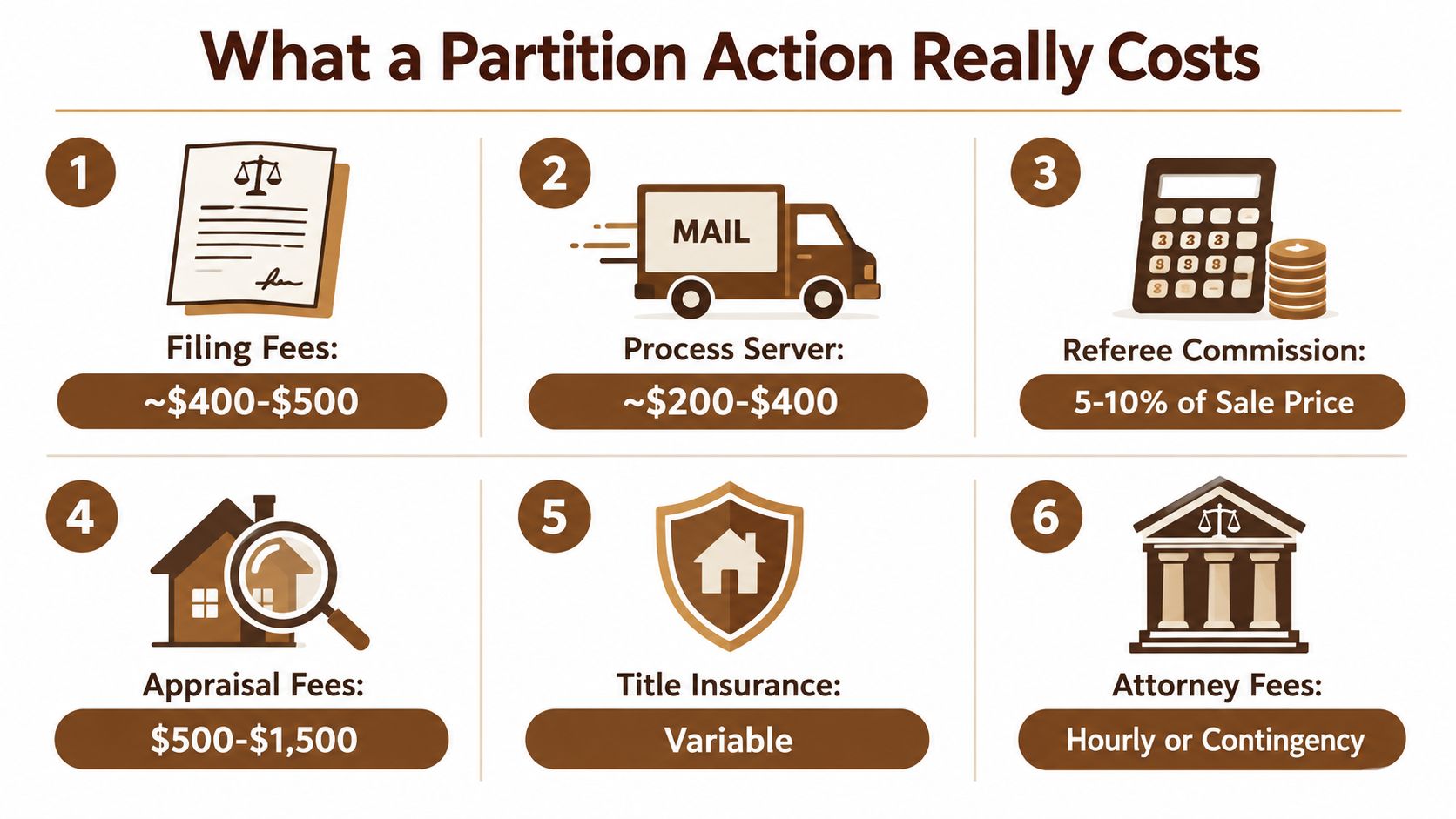 An infographic detailing the six primary costs associated with a partition action lawsuit, including fees for filing, process servers, and attorneys.