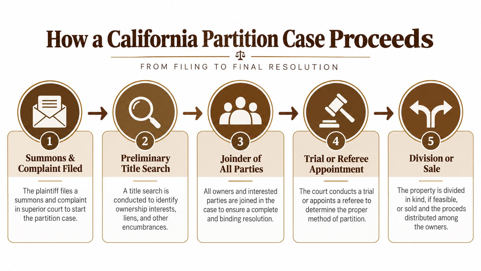 A five-step flowchart illustrating the legal process of a partition action lawsuit in California courts.
