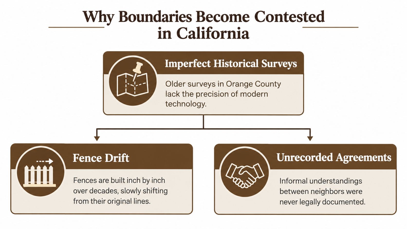 A diagram illustrating three main reasons why property boundary disputes occur in California, including surveys, fences, and agreements.