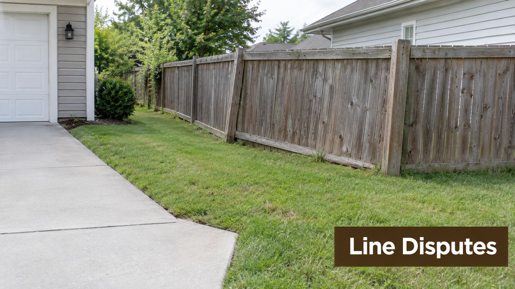A wooden fence separating two residential lawns, illustrating a common property line dispute between neighbors.