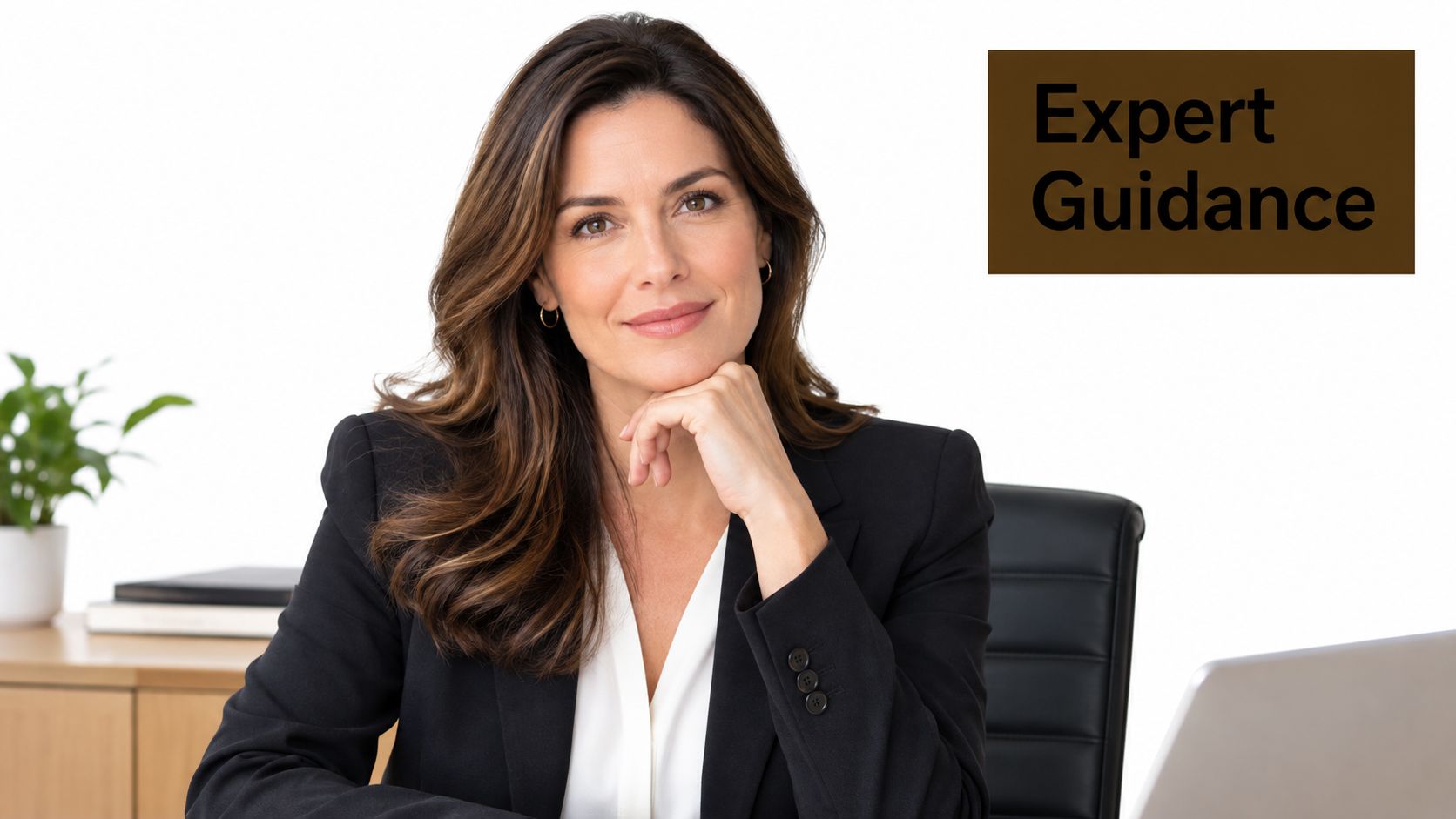 A professional woman in a business suit sitting at a desk, offering expert guidance and support.