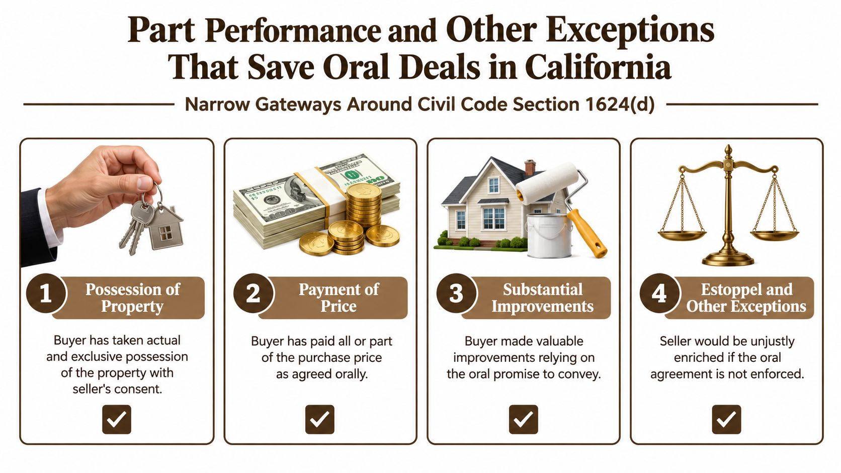 An infographic detailing four legal exceptions for enforcing oral real estate agreements under California law.