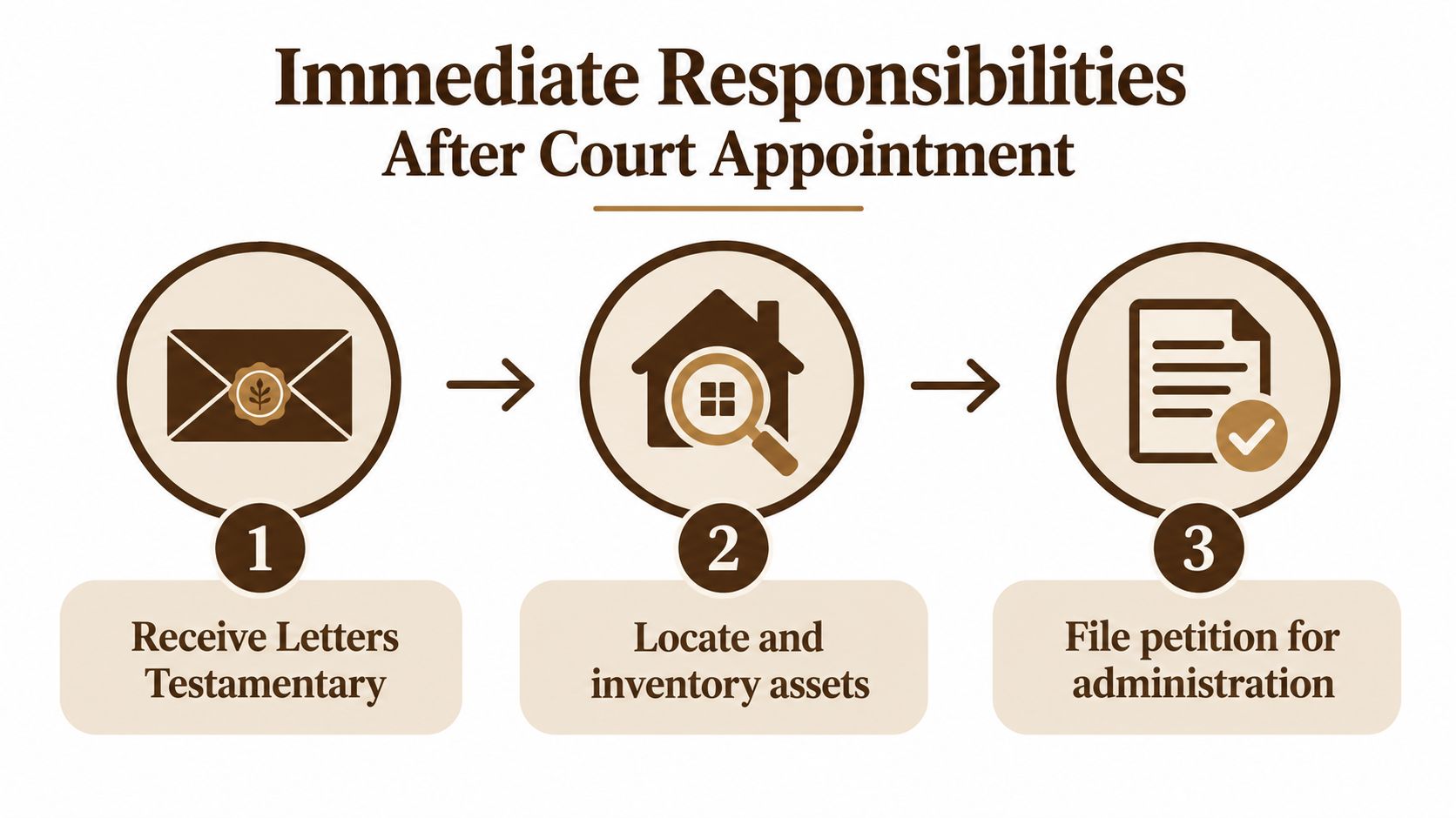 A three-step infographic showing the immediate responsibilities of an estate administrator after a court appointment.