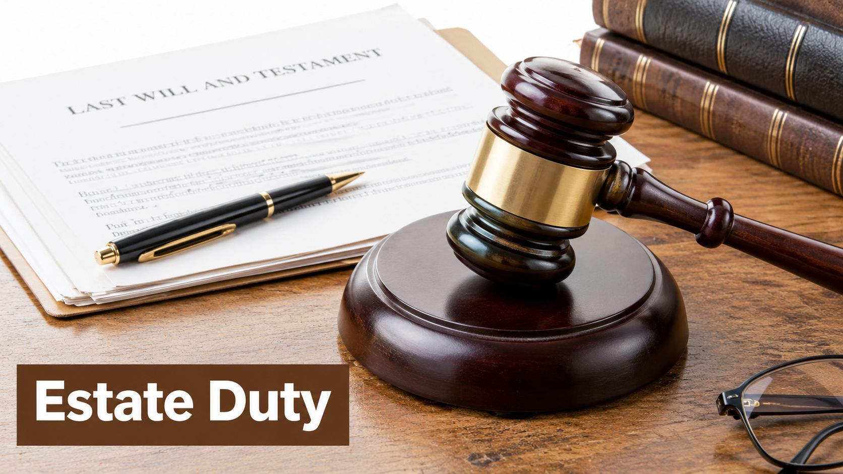A gavel sits on a wooden desk next to a Last Will and Testament document.