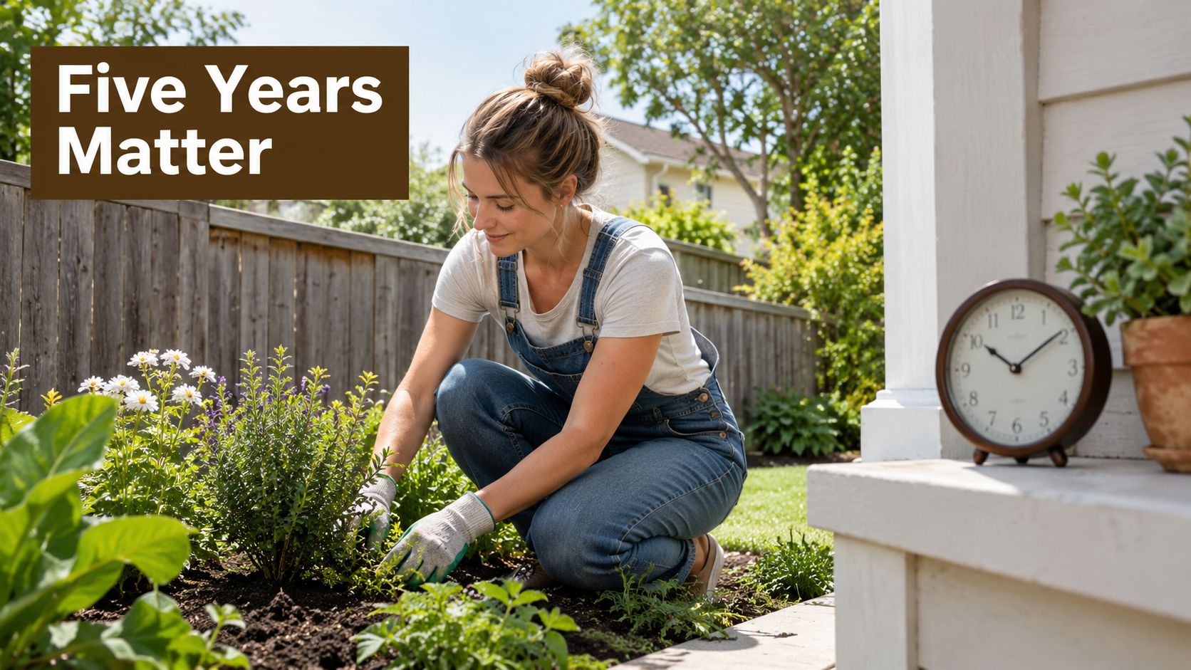 A woman in overalls tends to a garden bed near a house next to an analog clock.