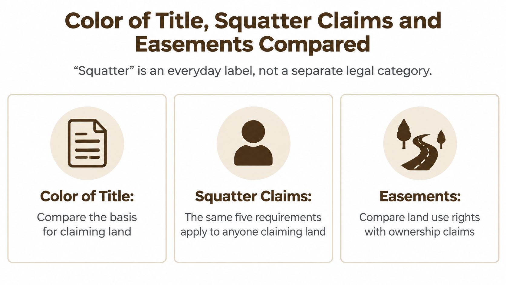 A diagram comparing Color of Title, Squatter Claims, and Easements regarding legal land ownership and usage rights.