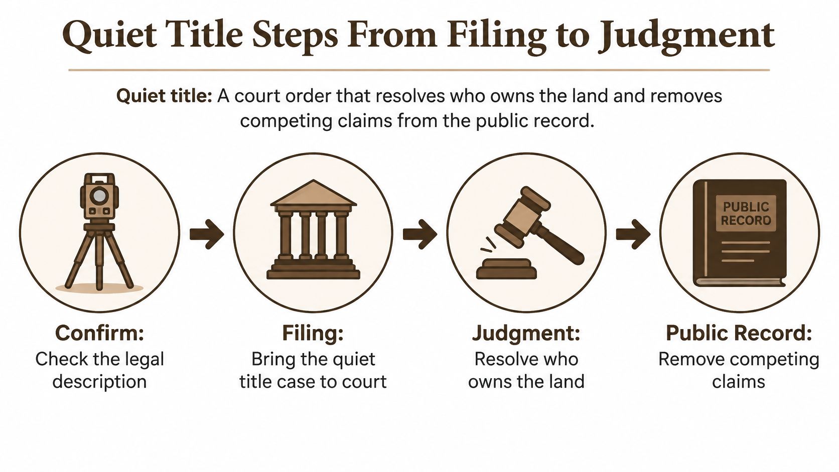 A four-step infographic illustrating the process of quiet title from legal filing to court judgment.