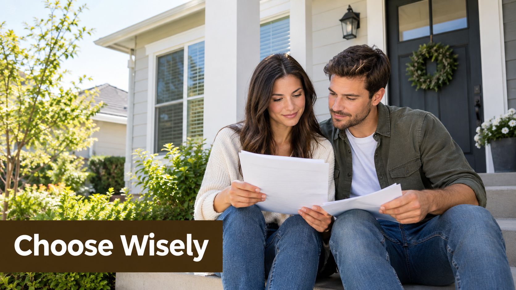 A young couple sitting on their front porch steps reviewing important legal documents together at home.