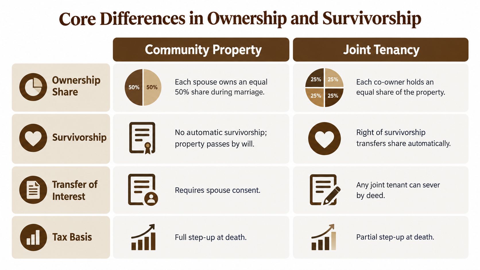 A comparison table outlining the key differences between community property and joint tenancy ownership models.