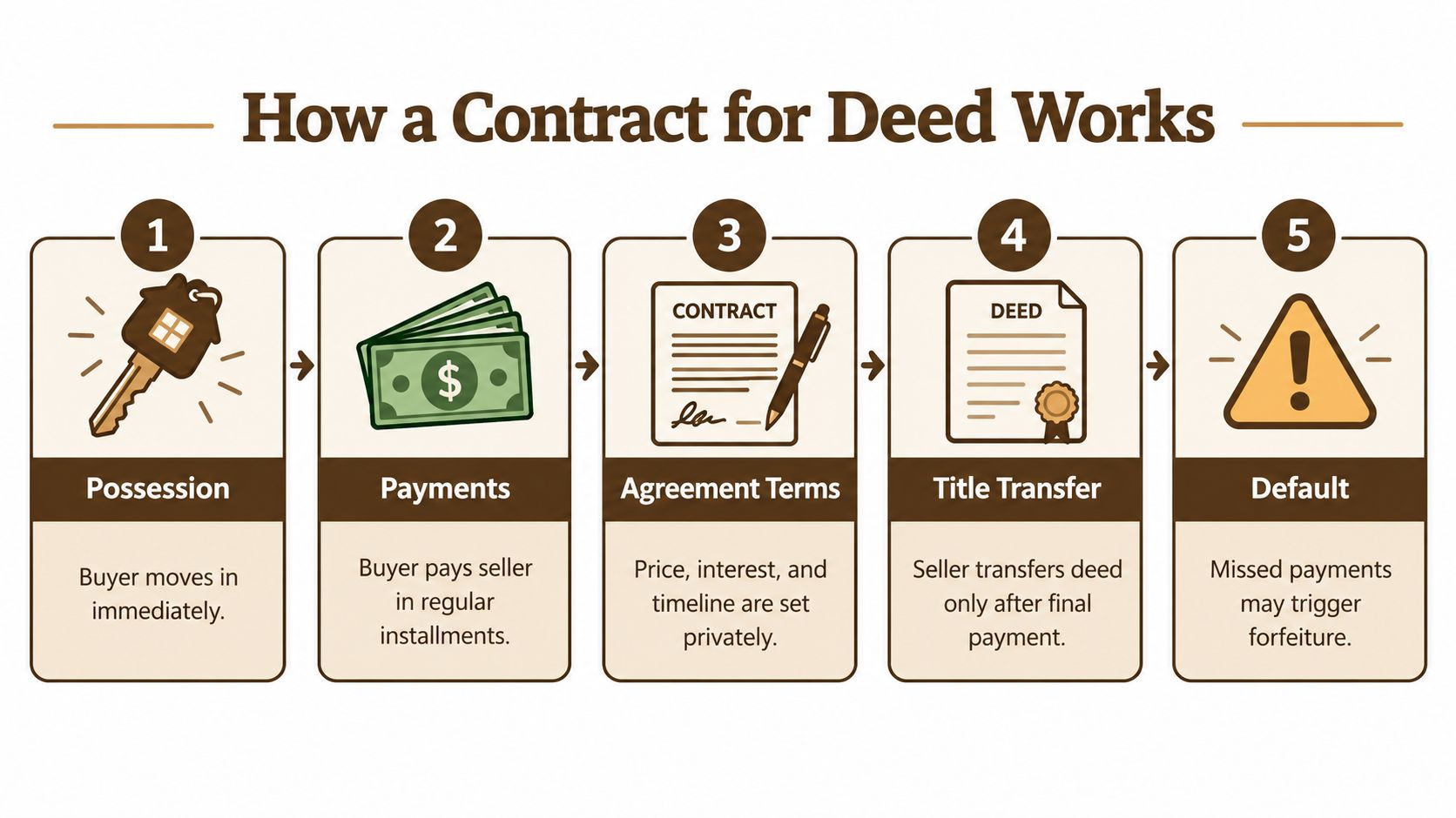 A five-step infographic showing how a real estate contract for deed process works from possession to default.