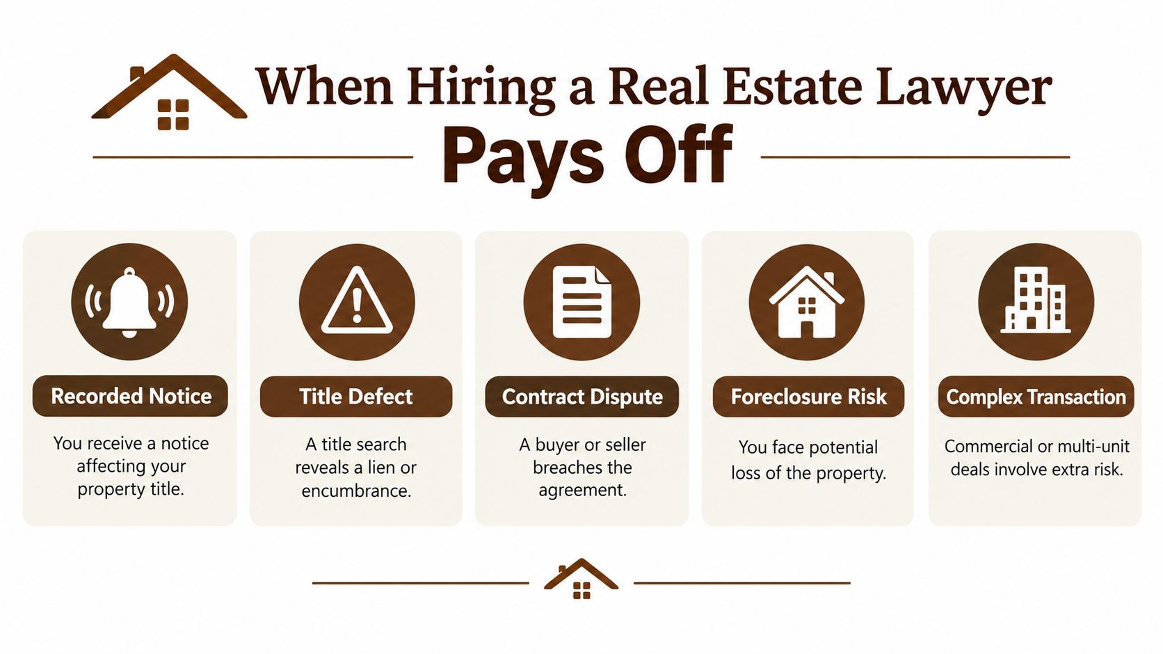 An infographic detailing five key scenarios where hiring a real estate lawyer is beneficial for property owners.