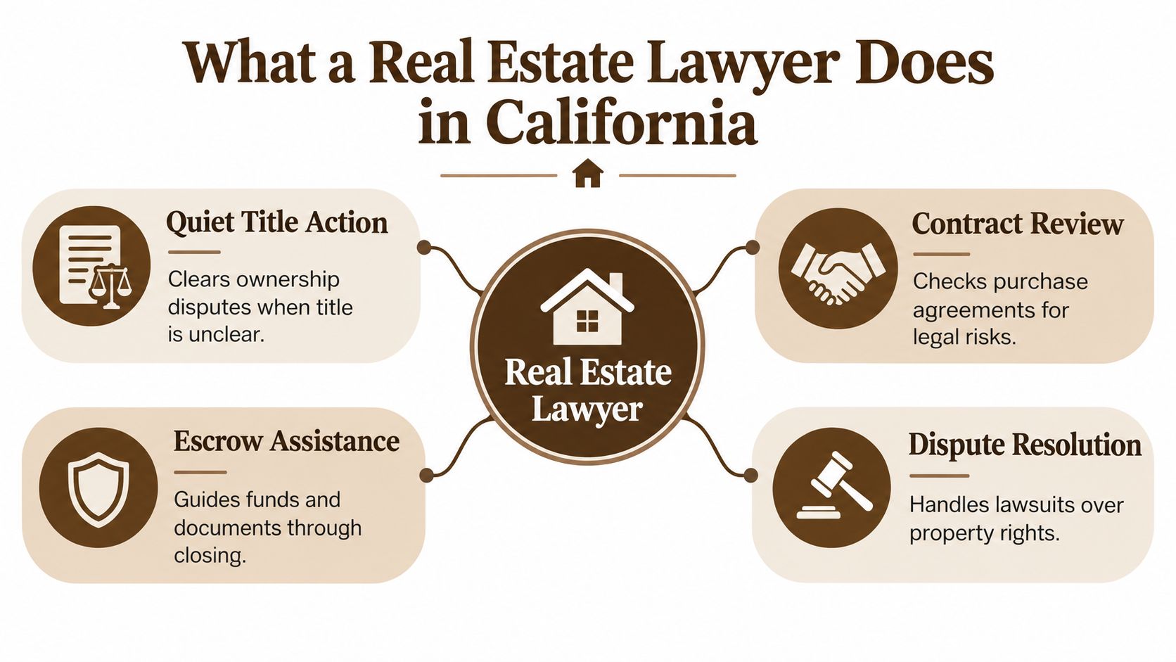An infographic detailing the various responsibilities of a real estate lawyer in California, including legal processes.