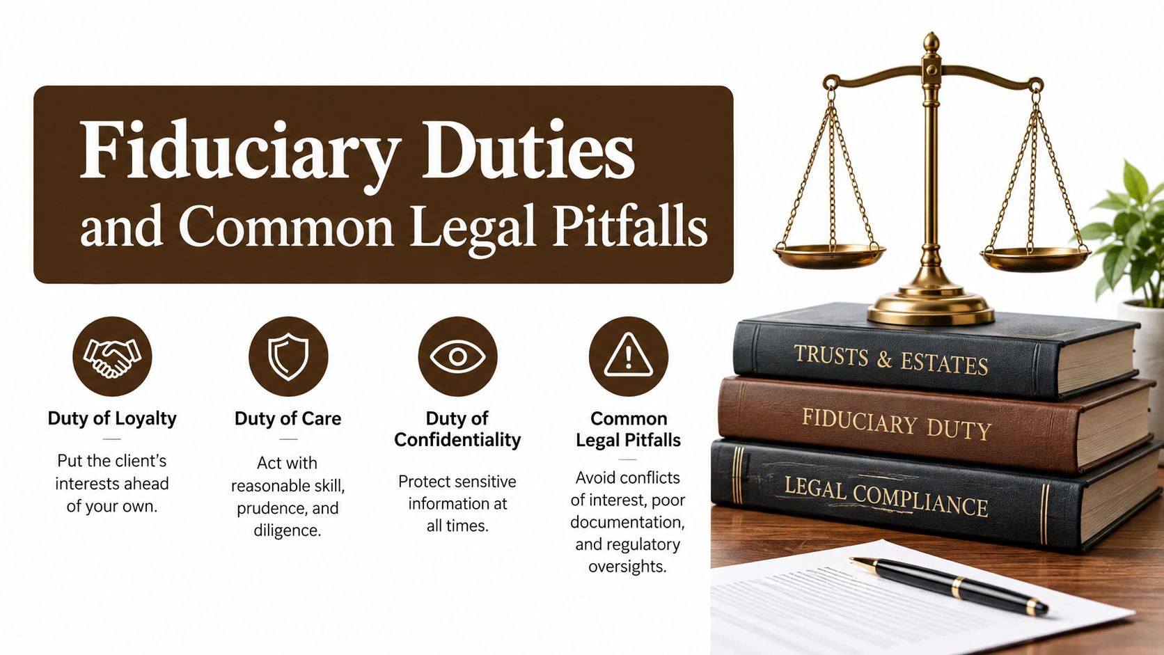 A graphic titled Fiduciary Duties outlining responsibilities like loyalty, care, confidentiality, and avoiding common legal pitfalls.