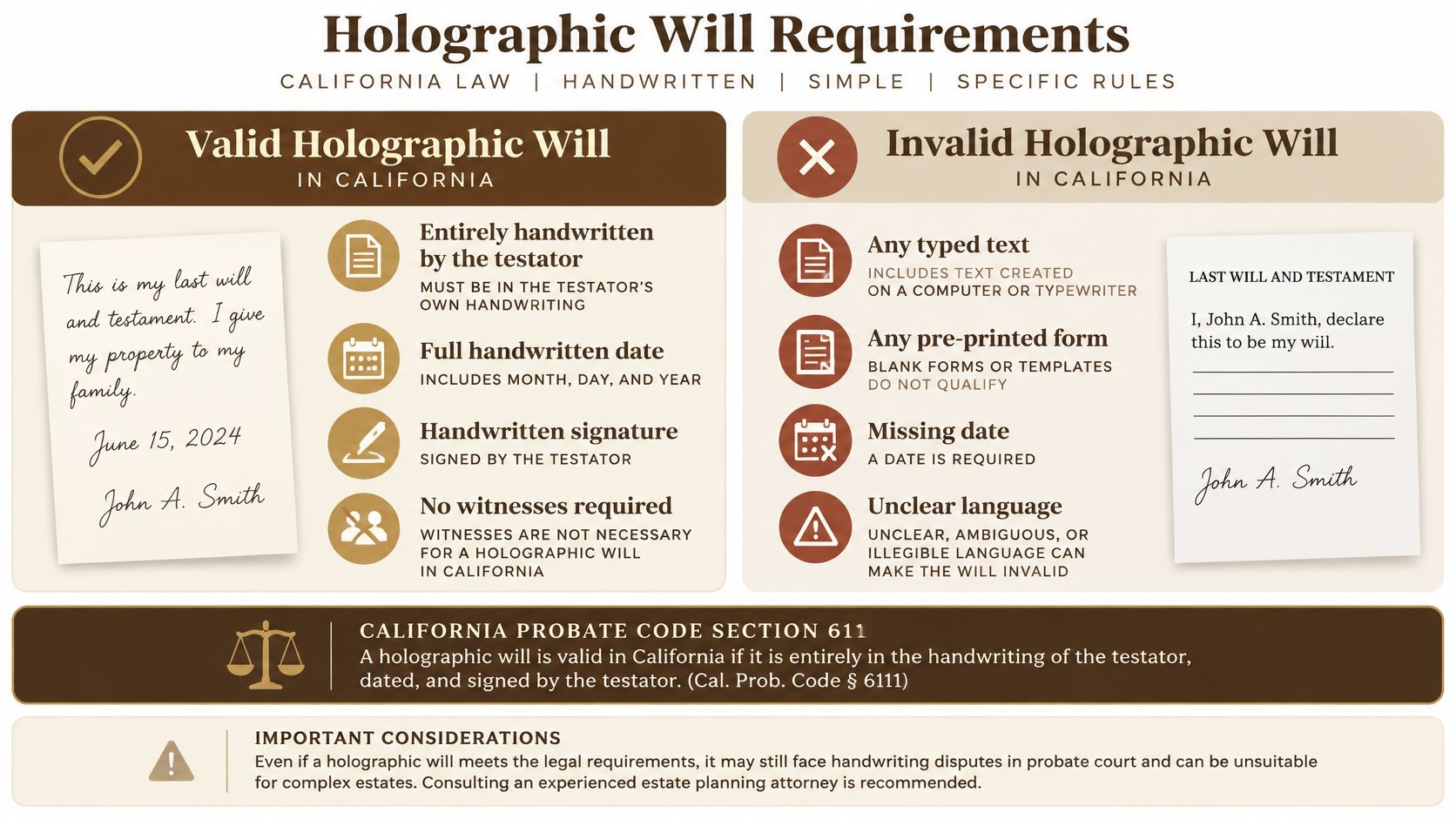 A visual guide summarizing California legal requirements for creating a valid handwritten holographic will without witnesses.