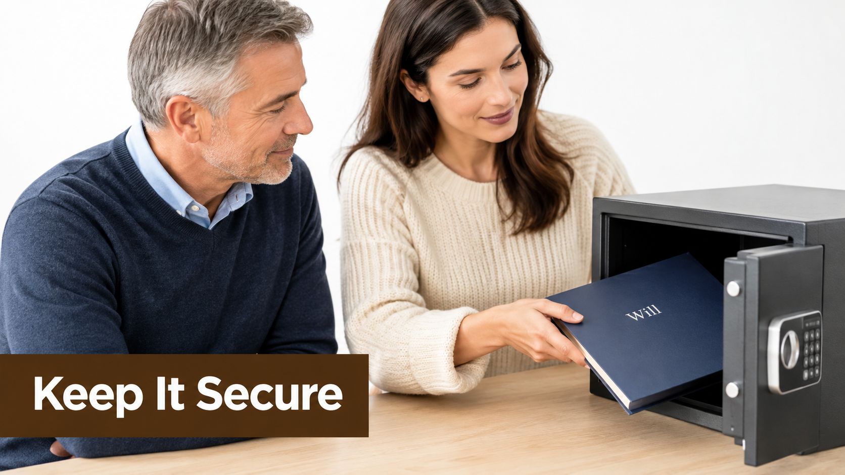 A middle-aged couple placing a blue document folder labeled Will into a secure home safety vault.