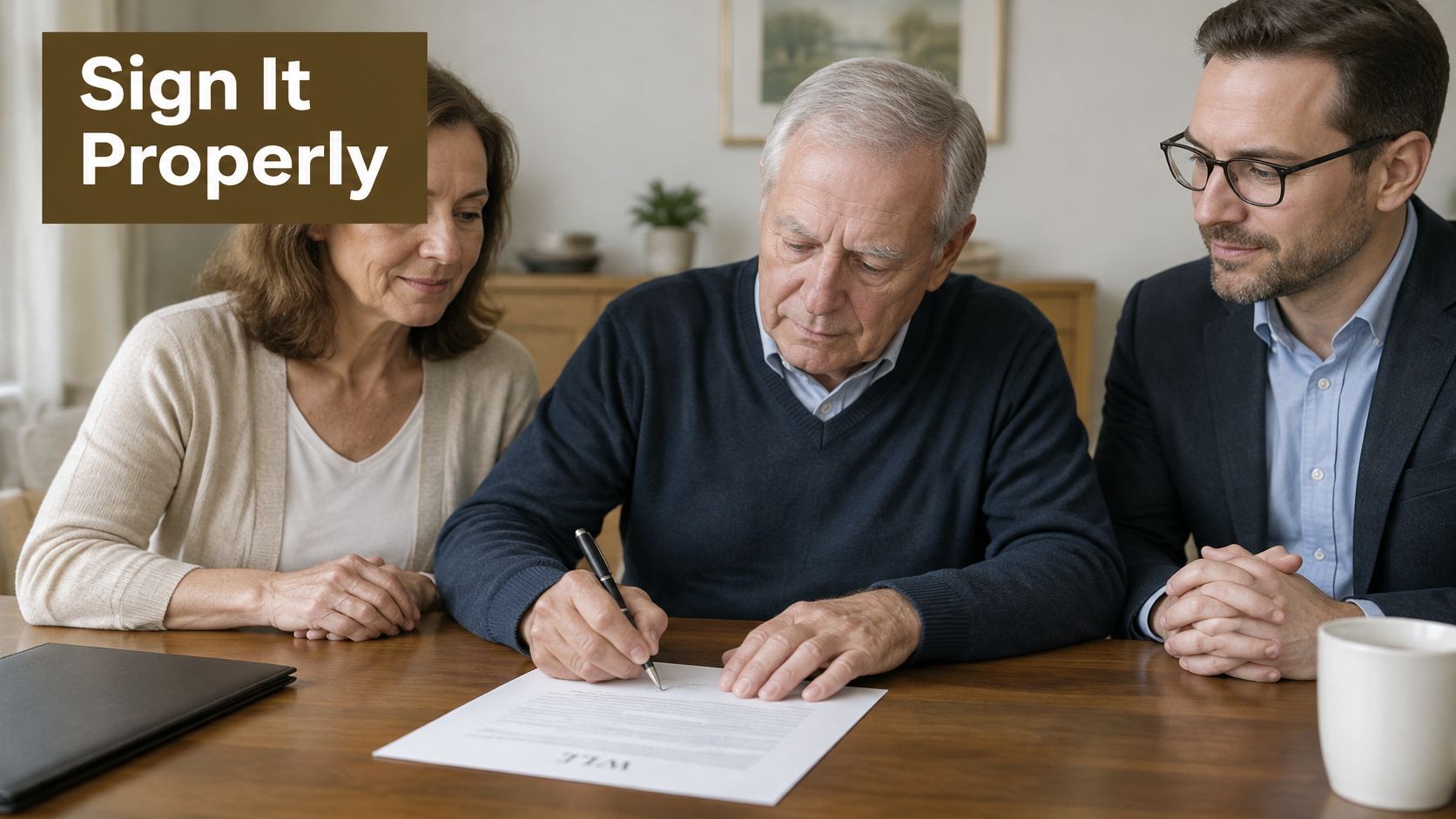 An elderly man signs a legal document at a wooden table while his wife and lawyer watch.